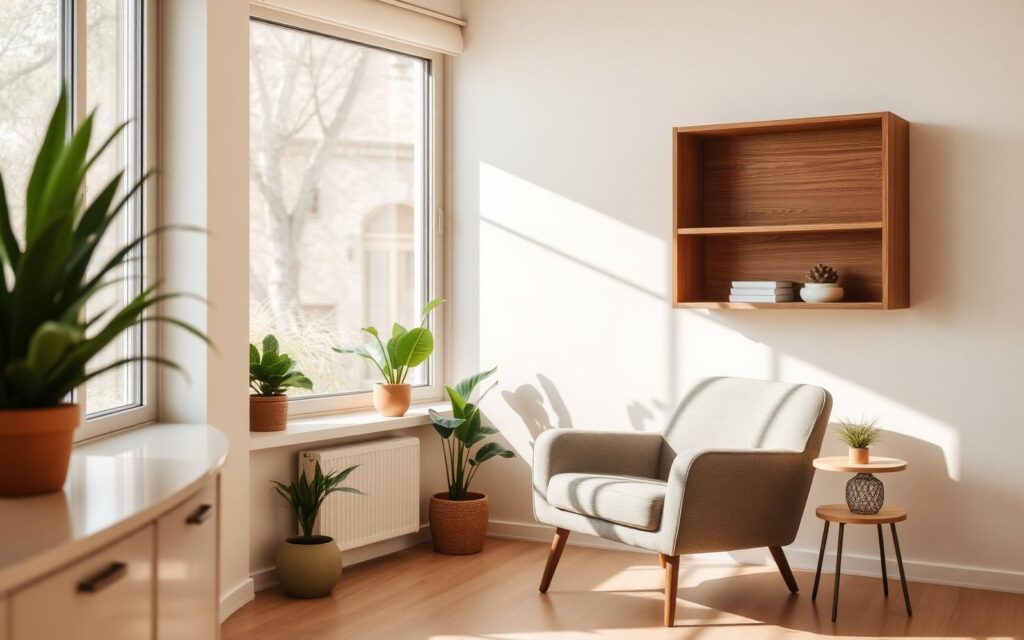 A sunlit therapy room with a soft armchair, potted plants, and a wooden shelf by a window